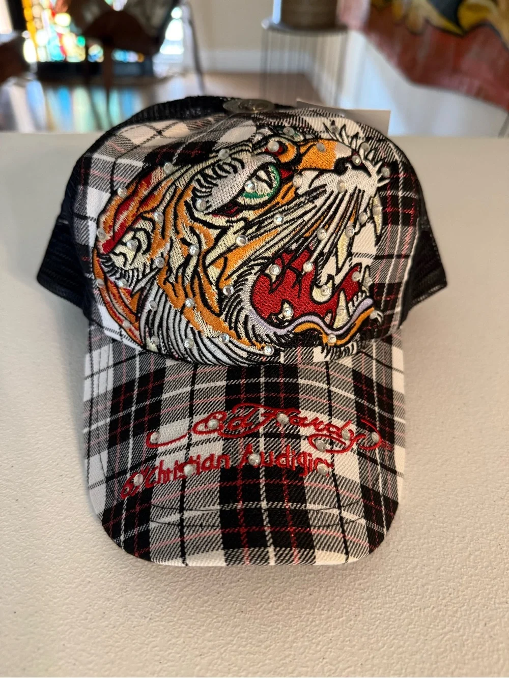 NEW Ed Hardy by Christian Audigier Tiger Plaid Trucker Hat Rhinestone SnapBack